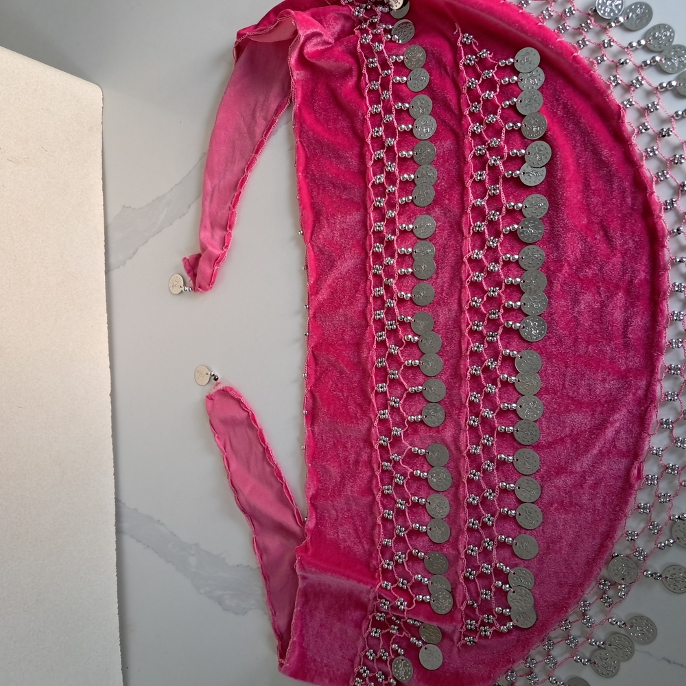 Pink Velvet Belly Dance Hip Scarf With Silver Coins